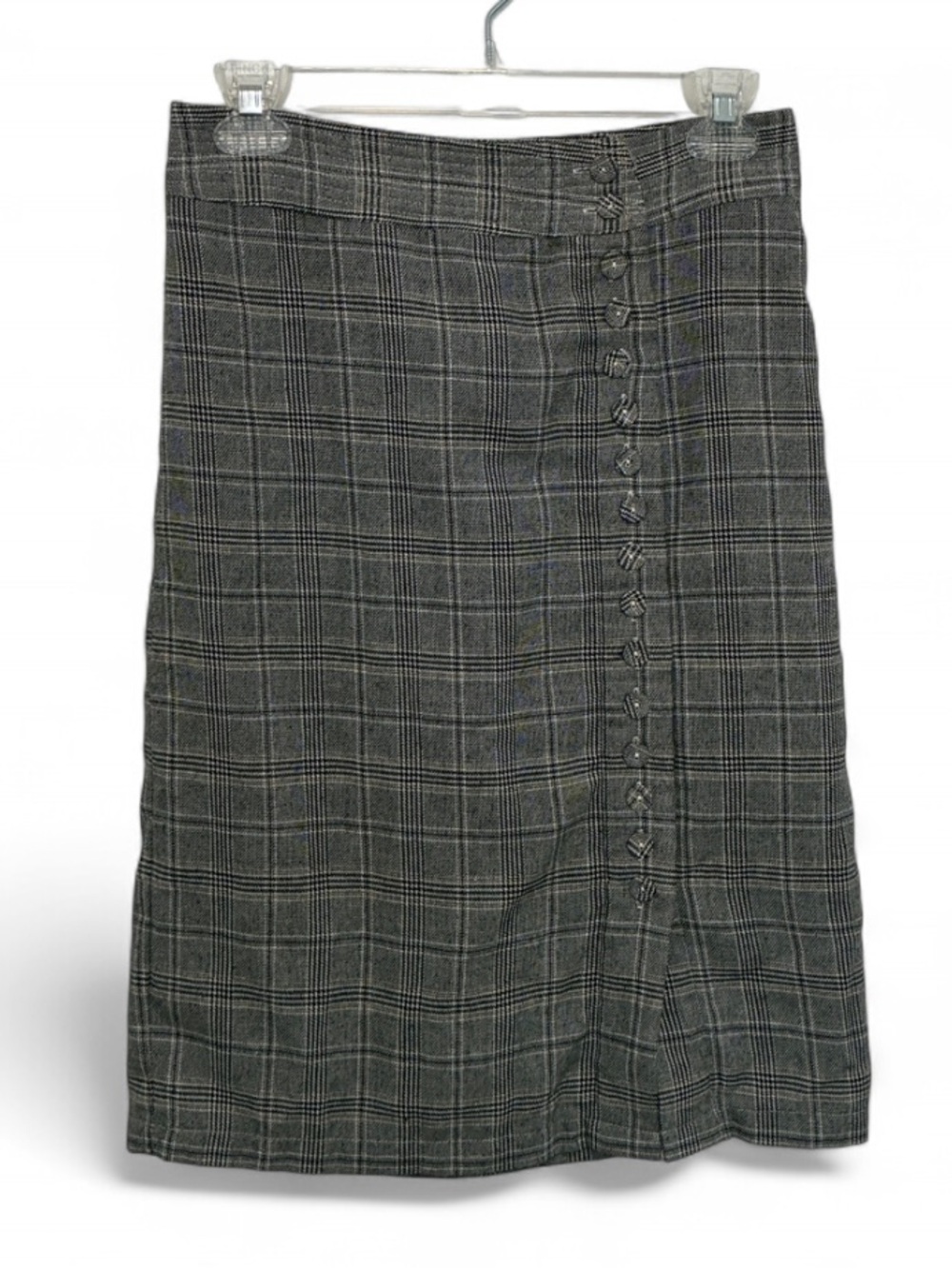 The Main Street Exchange Gray Plaid Asymmetric Button-Front Pencil Skirt